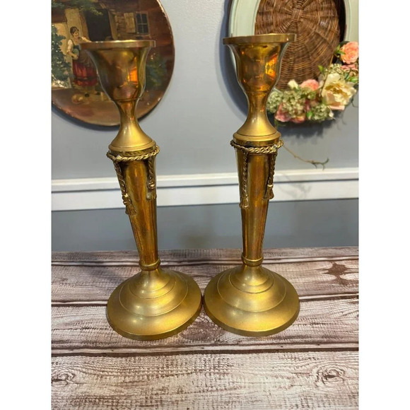 Solid Brass Rope Design Candlesticks, Made in India, Pair - 10.5" - Picture 1 of 9